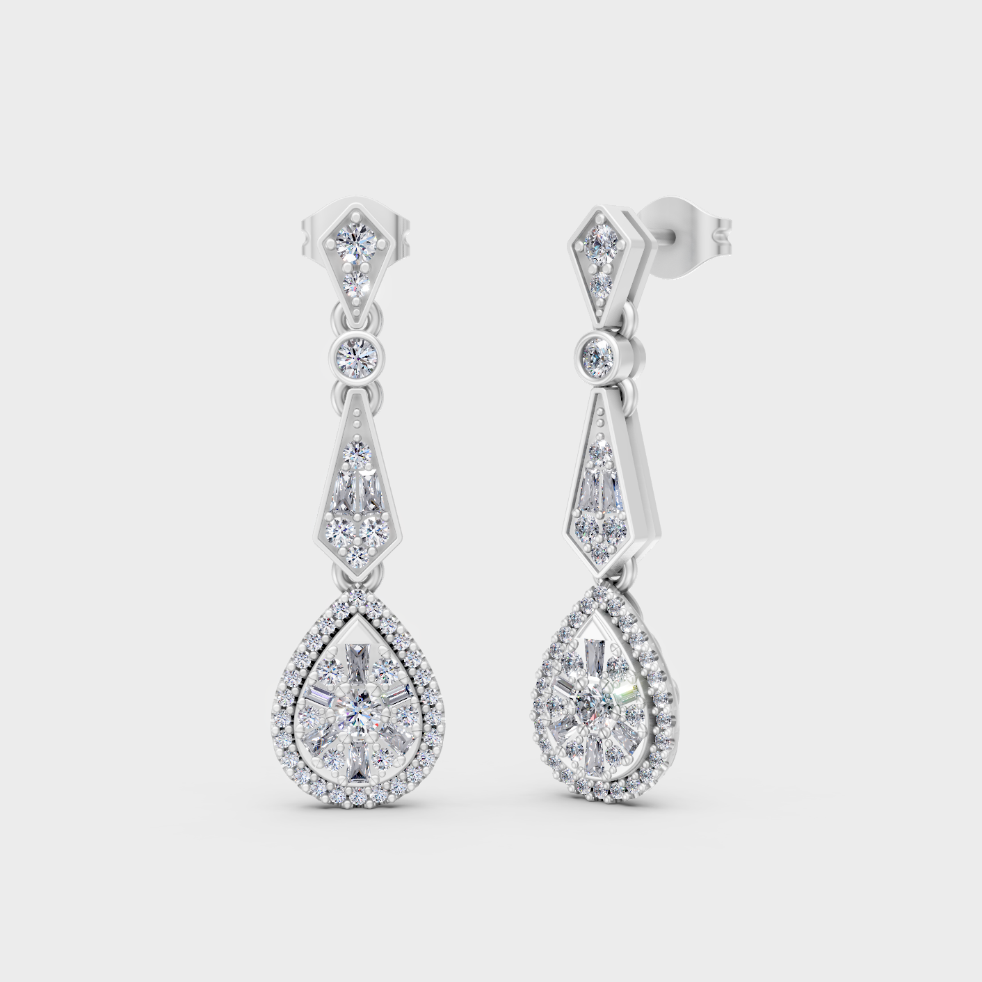 White Gold 1.30 Ct Lab Grown Baguette Round Diamond Drop Earrings Certified Jewelry